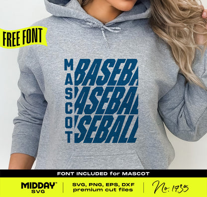 Gray hoodie featuring customizable baseball team template with mascot font, ideal for DIY athletic gear designs in SVG and PNG.