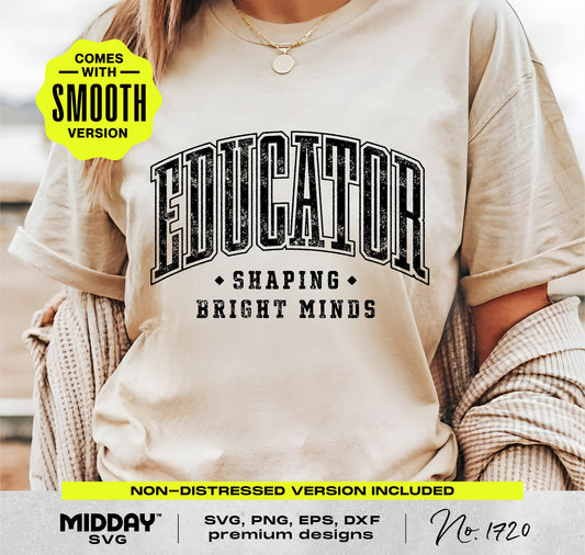 Educator shirt design featuring 'Shaping Bright Minds' for Teacher SVG PNG files, ideal for personalized gifts or custom apparel.