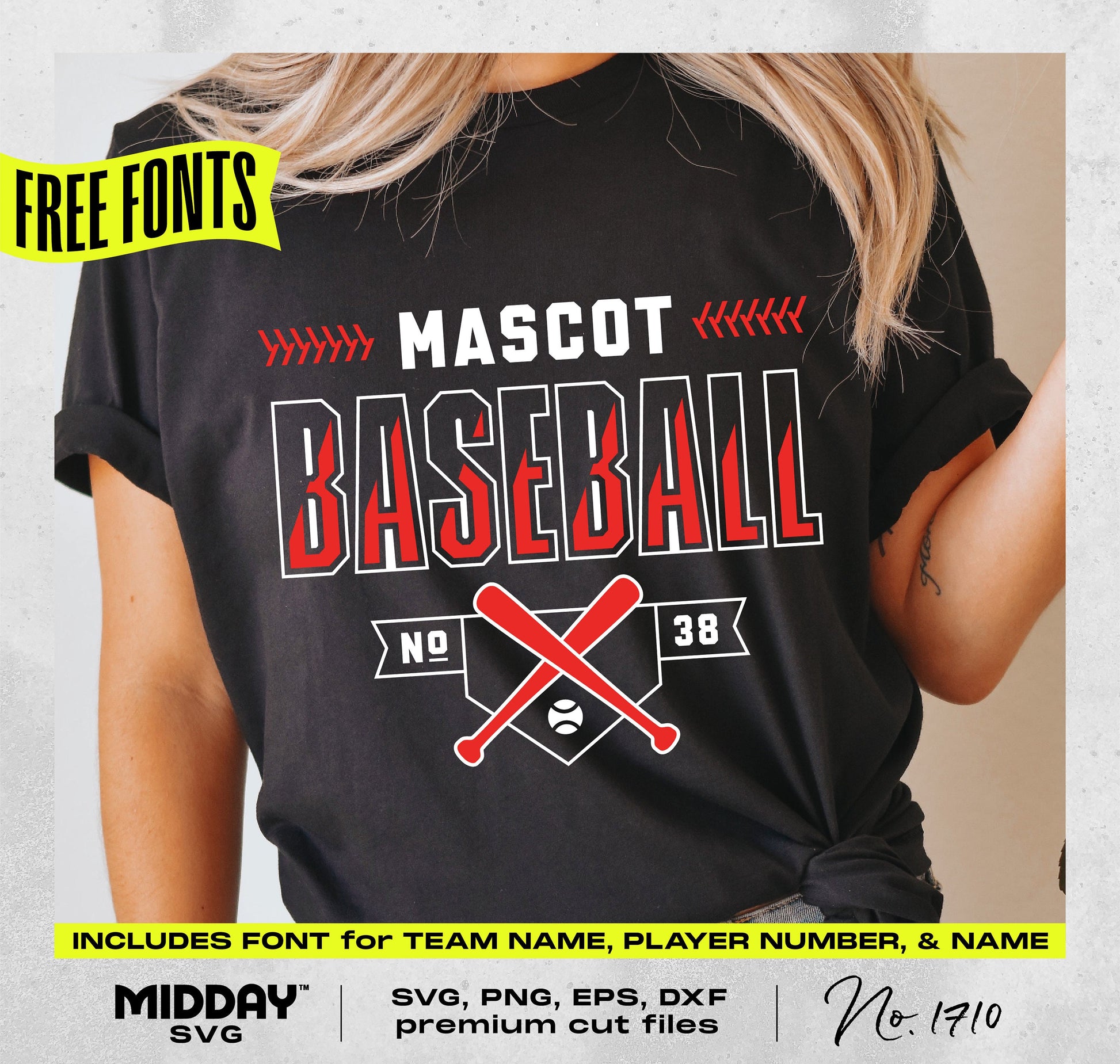 Custom baseball T-shirt with Mascot name, player number, and crossed bats design. Includes team customization font. Perfect for fans.