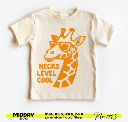 Funny toddler shirt with a giraffe wearing sunglasses and the text 'Necks Level Cool' in orange, perfect for playful kids' apparel.