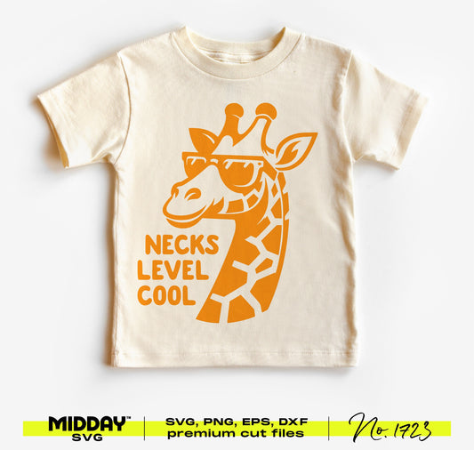 Funny toddler shirt with a giraffe wearing sunglasses and the text 'Necks Level Cool' in orange, perfect for playful kids' apparel.