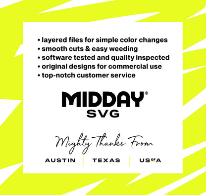 Midday SVG advertisement highlighting features such as color-changing layers, easy weeding, quality inspection, original designs, and service.