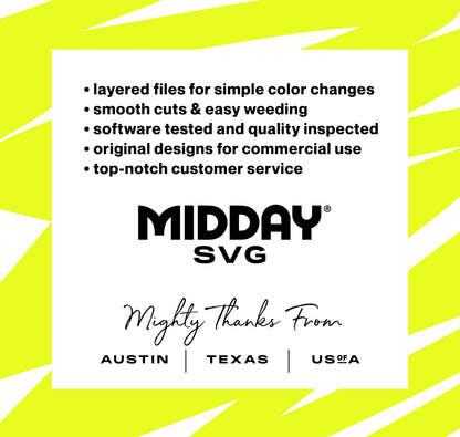 Midday SVG promotional image highlighting features like easy color changes, commercial use, and quality inspection, designed from Austin, Texas.