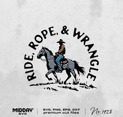 Ride Rope and Wrangle cowboy graphic for vintage western shirt, featuring cowboy on horse. Perfect for country-themed crafts and decor.