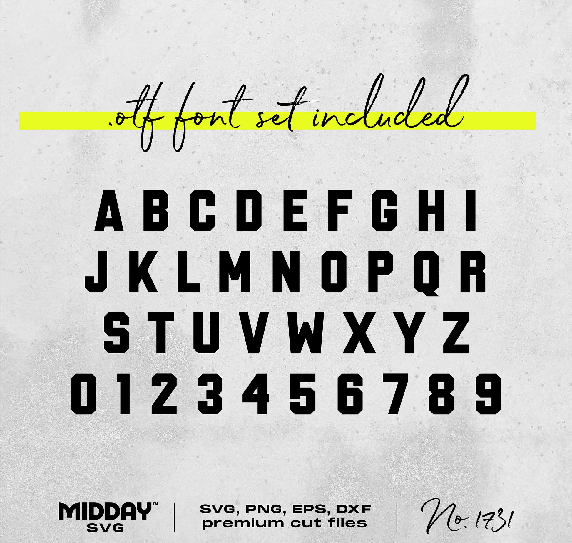 Bold typography alphabet and numbers for cheer team SVG design with OTF font set included, suitable for crafting projects.