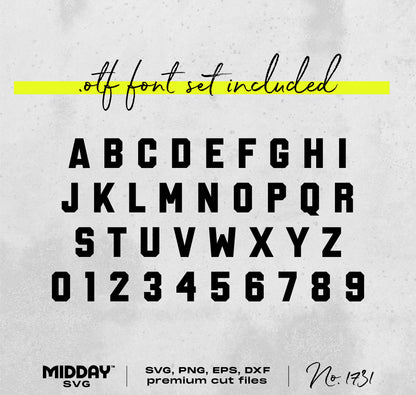 Bold typography alphabet and numbers for cheer team SVG design with OTF font set included, suitable for crafting projects.