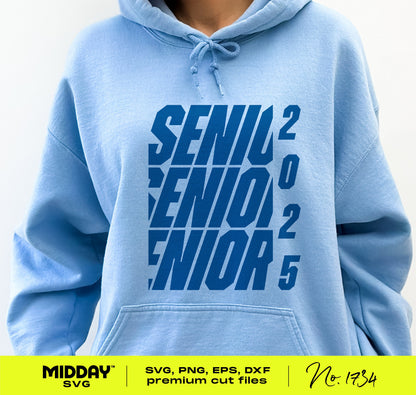 Person wearing light blue hoodie with bold 'Senior 2025' athletic design, perfect for stylish graduation crafts and apparel.