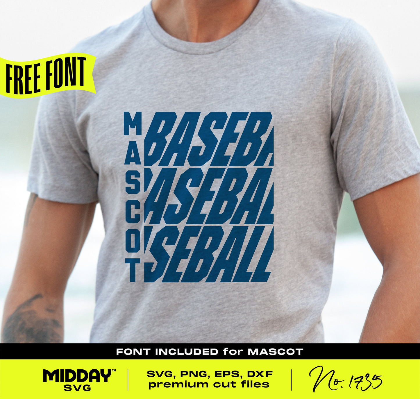 DIY Customizable Baseball Team Template SVG & PNG with Free Font for Mascot on Gray T-Shirt.