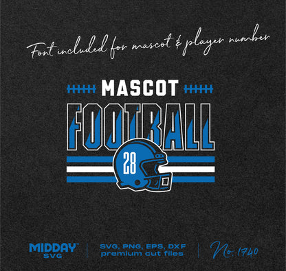 Customizable football team template SVG/PNG with mascot and player number fonts, perfect for personalized football designs.