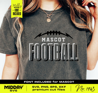 Football team shirt featuring 'Mascot Football' design with customizable SVG/PNG files for Cricut and Silhouette projects.