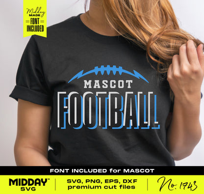 Customizable football team shirt design with 'Mascot Football' text, available in SVG, PNG, EPS, DXF formats, ideal for Cricut and sublimation.
