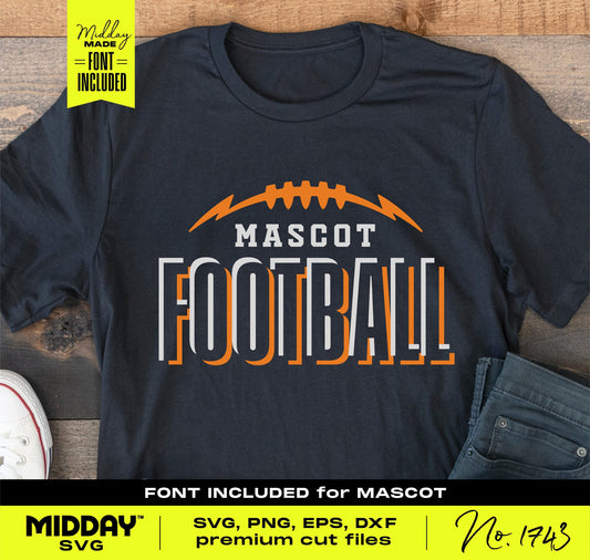 Customizable football team shirt template with "Mascot Football" design, includes SVG, PNG, EPS, DXF formats for Cricut and Sublimation.