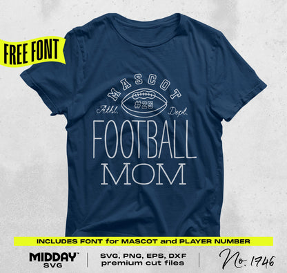 Navy Football Mom t-shirt with customizable mascot and player number design for Cricut, includes free font, SVG, PNG files.