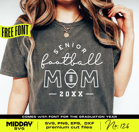 Woman wearing Senior Football Mom shirt, SVG PNG design for Cricut and Silhouette, Class of 2025, includes free font, digital download.