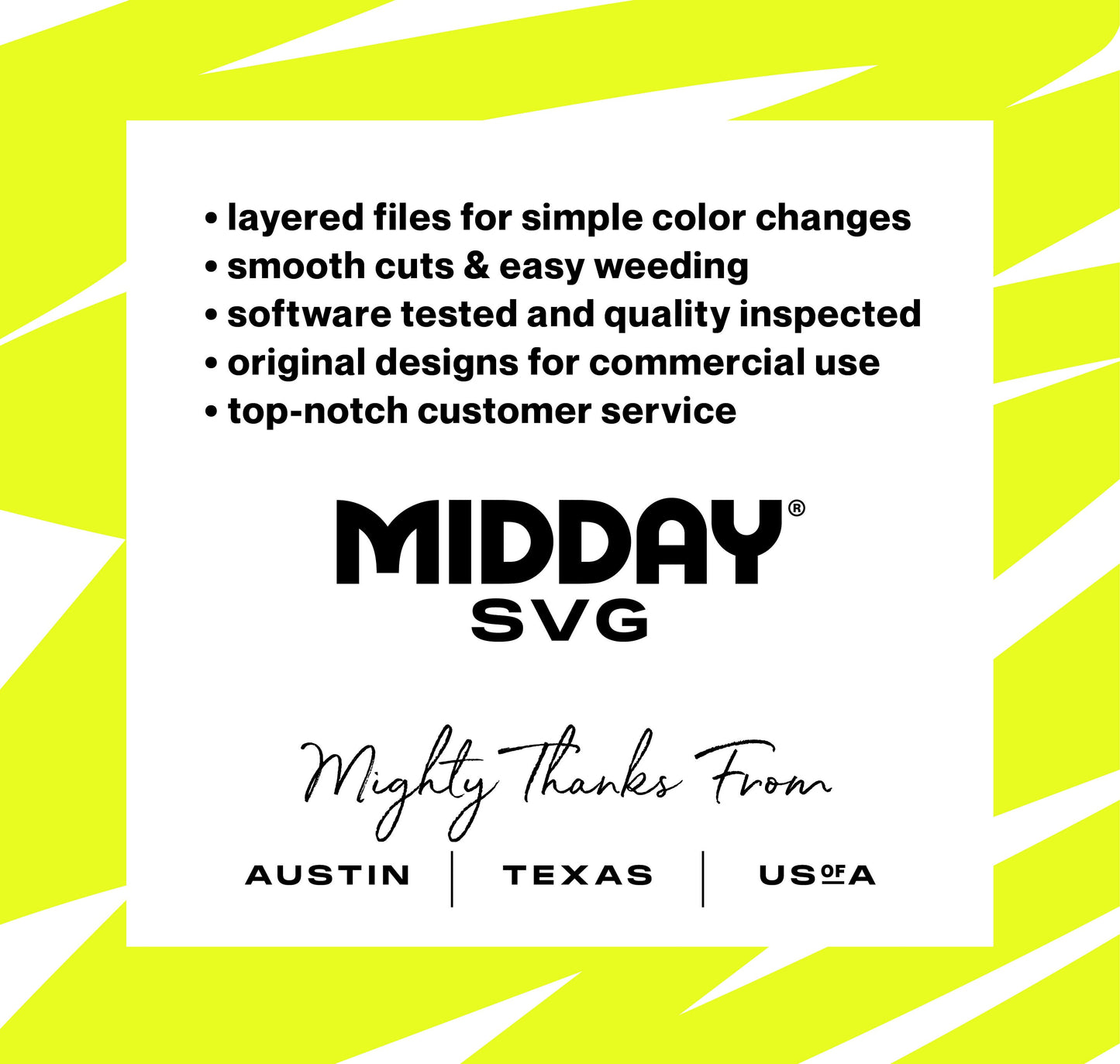 Midday SVG advertisement highlighting features like layered files, smooth cuts, quality inspection, and customer service, based in Austin, Texas.