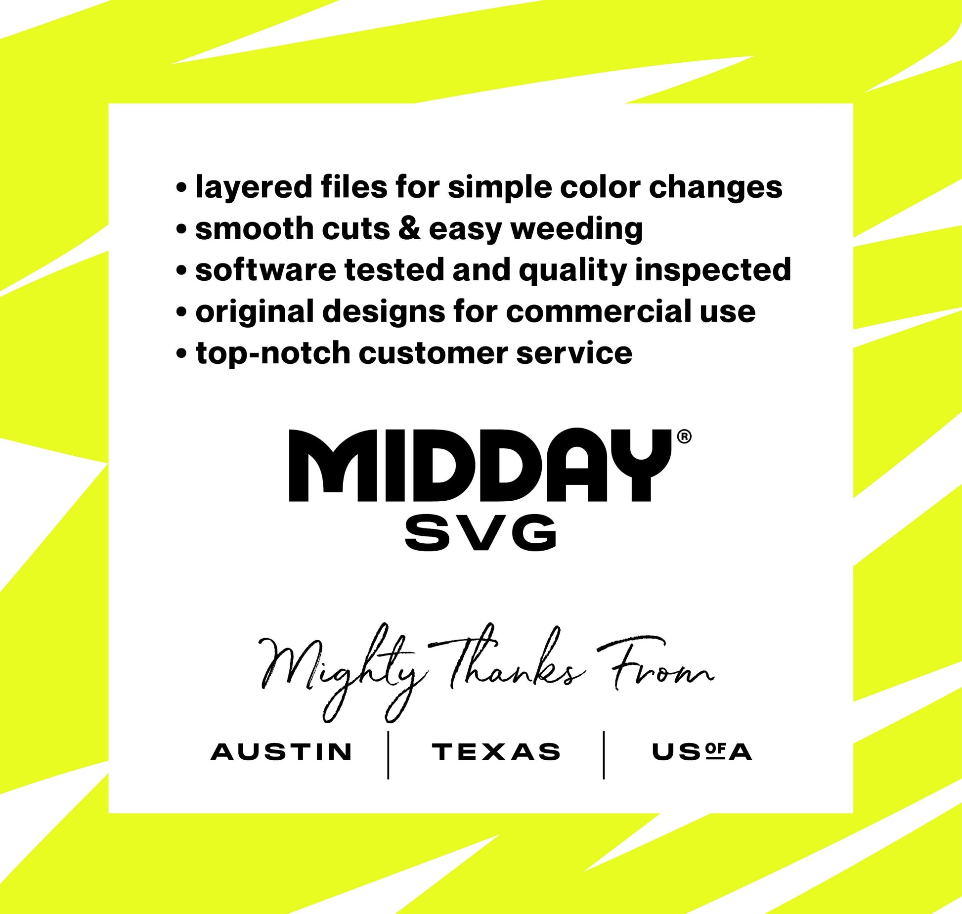 Midday SVG advertisement highlighting features like layered files, smooth cuts, quality inspection, and customer service, based in Austin, Texas.