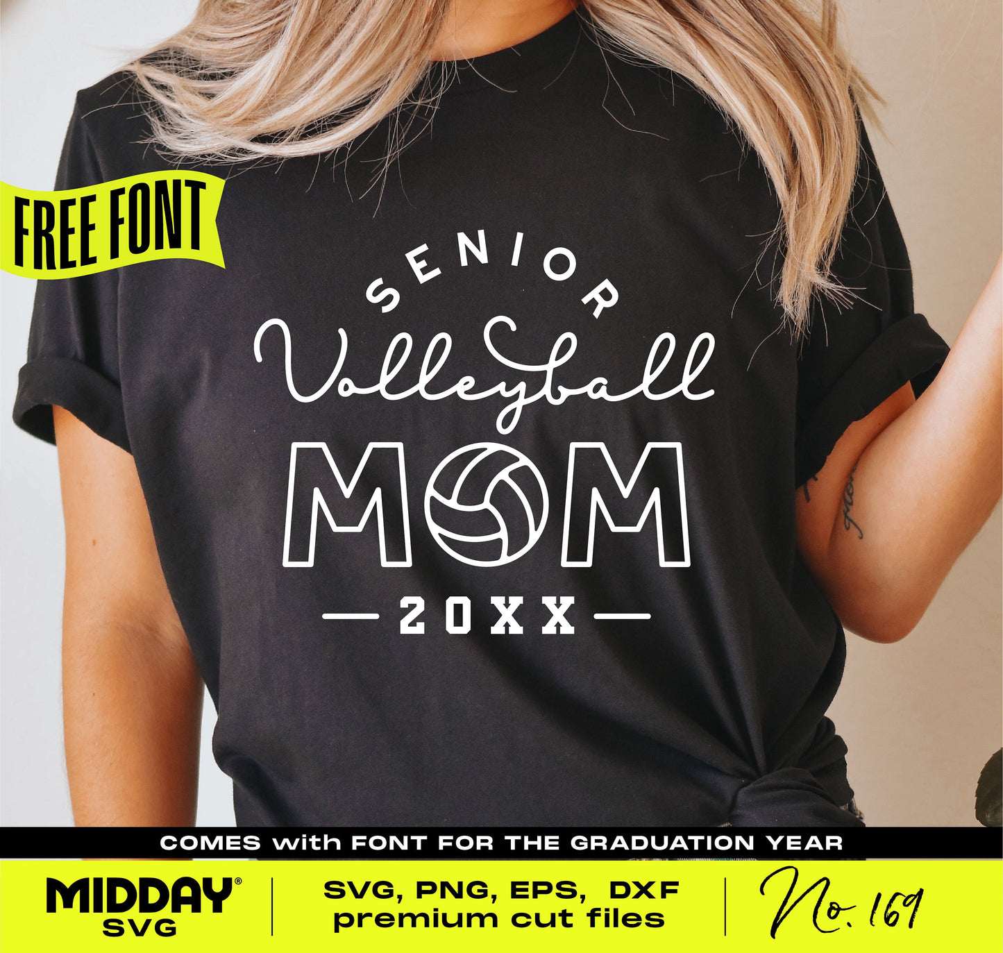Senior Volleyball Mom shirt design with free font offer, SVG, PNG, EPS, DXF files available for Cricut and Silhouette.