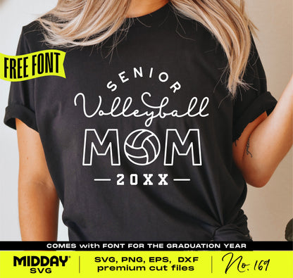 Senior Volleyball Mom shirt design with free font offer, SVG, PNG, EPS, DXF files available for Cricut and Silhouette.