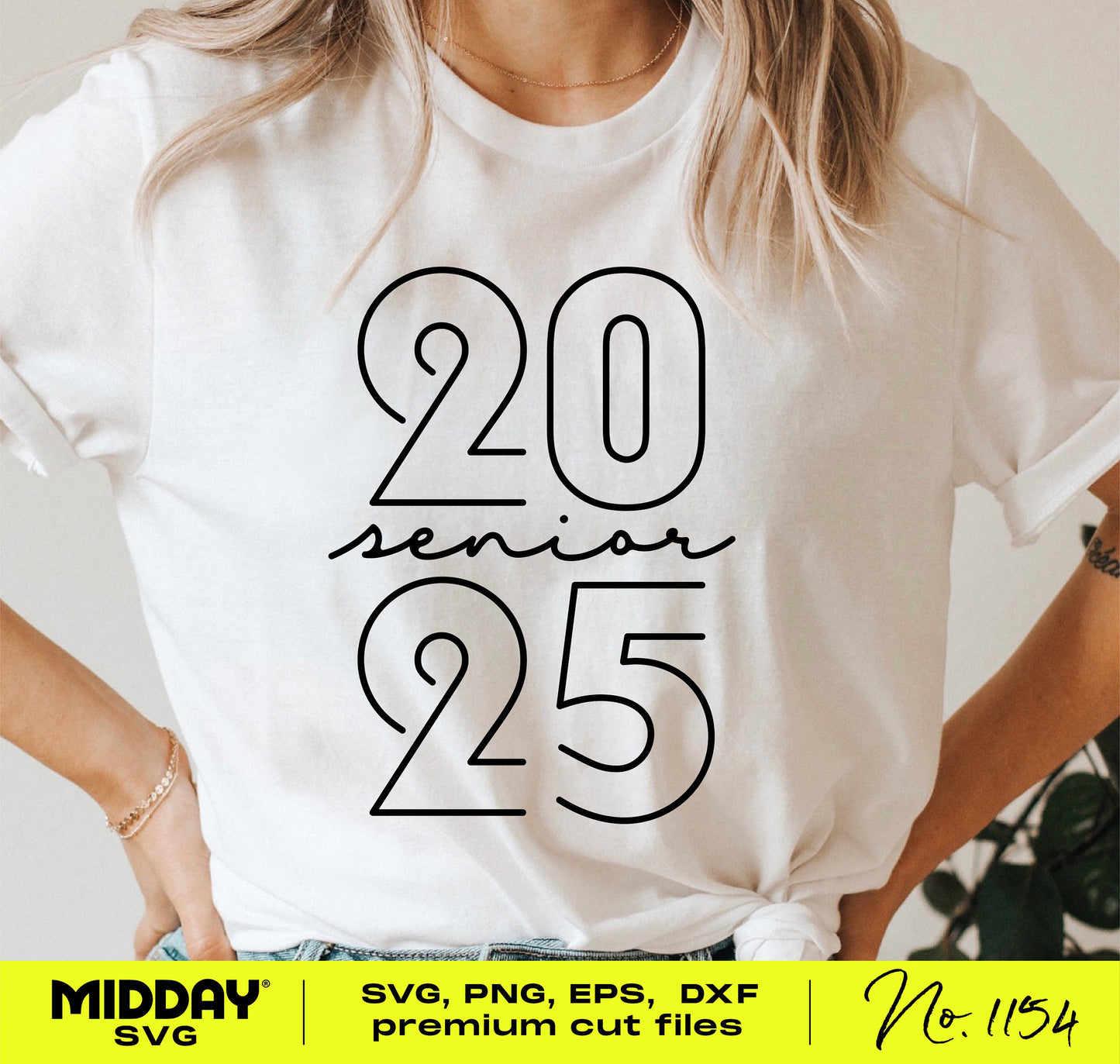 White t-shirt featuring "Senior 2025" design, ideal for graduation and high school events, available as SVG, PNG, DXF, EPS for Cricut and Silhouette.