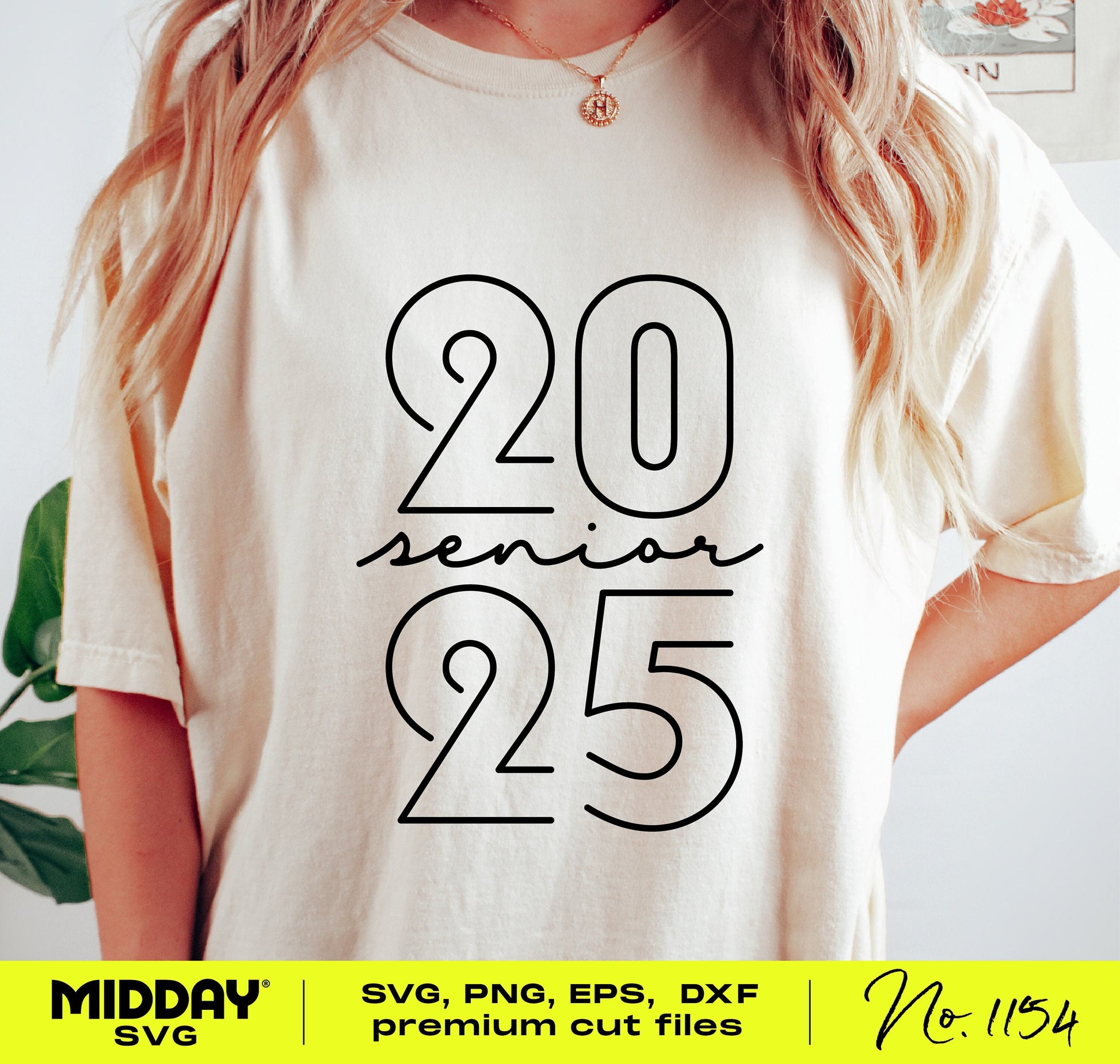 Woman wearing Senior 2025 shirt, featuring SVG design for high school graduation, compatible with Cricut and Silhouette.