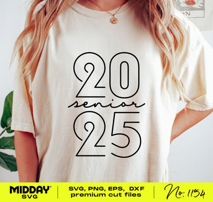 Woman wearing Senior 2025 shirt, featuring SVG design for high school graduation, compatible with Cricut and Silhouette.