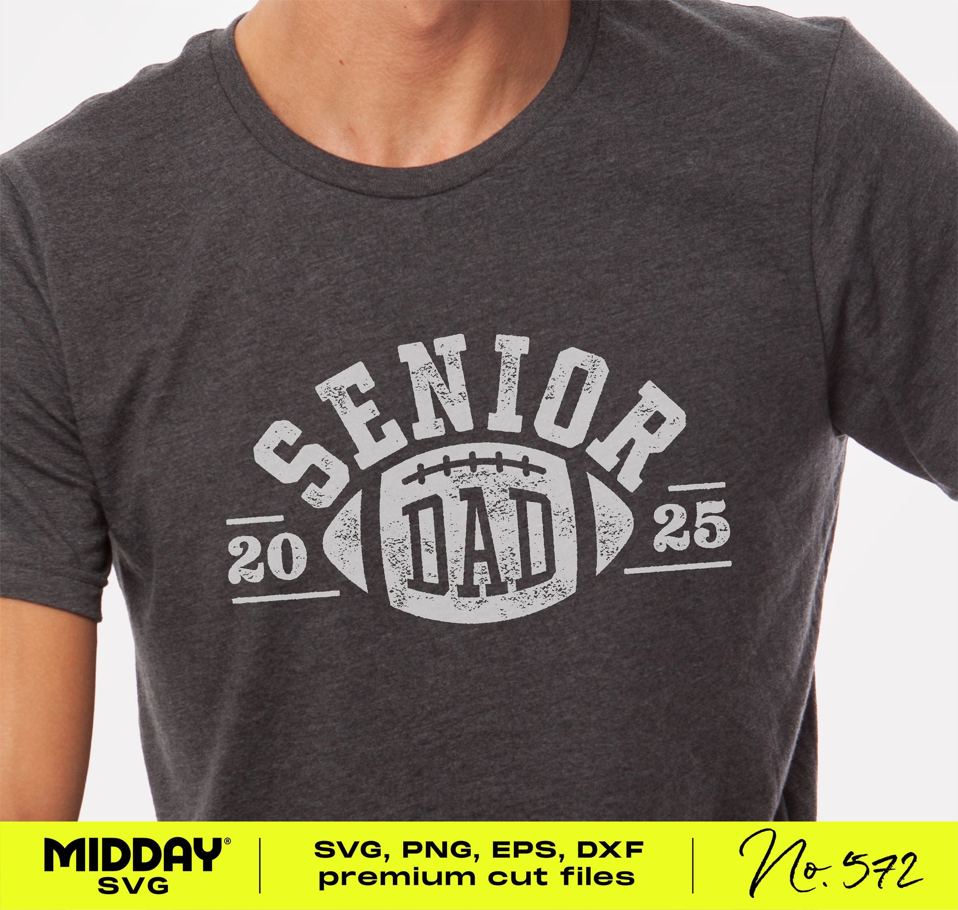 Gray t-shirt with 'Senior Dad 2025' football design, ideal for varsity graduation, compatible with Cricut and Silhouette Cameo machines.