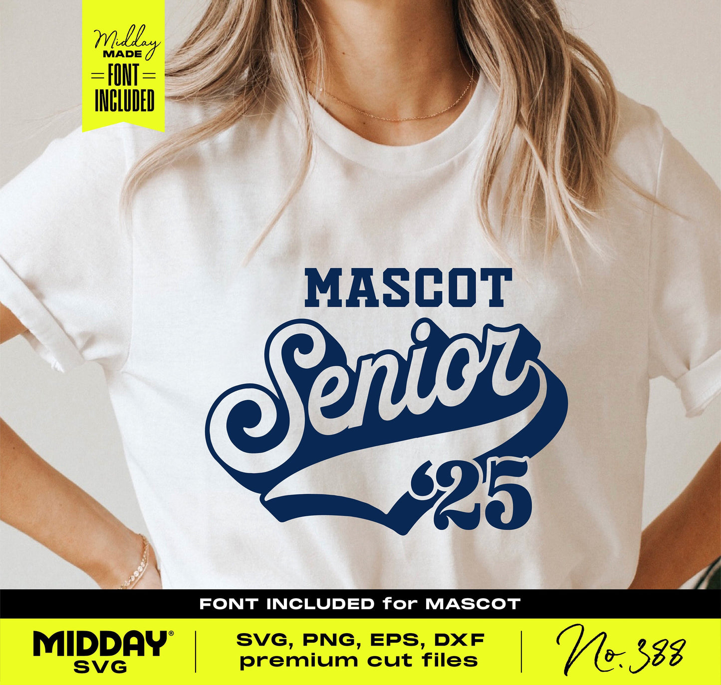 White t-shirt with "Mascot Senior '25" design in blue lettering, ideal for class of 2025 graduation gifts and crafting using SVG cut files.