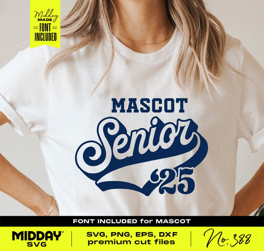 White t-shirt with "Mascot Senior '25" design in blue lettering, ideal for class of 2025 graduation gifts and crafting using SVG cut files.