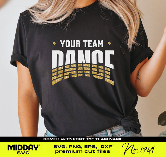 Dance team template shirt design with bold lettering and striped accent, suitable for customizable dance team apparel.