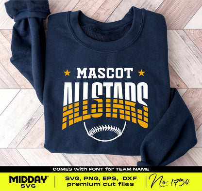 All Star Baseball Team Shirt with Mascot Logo, Striped Lettering, and Baseball Graphic on Wooden Background