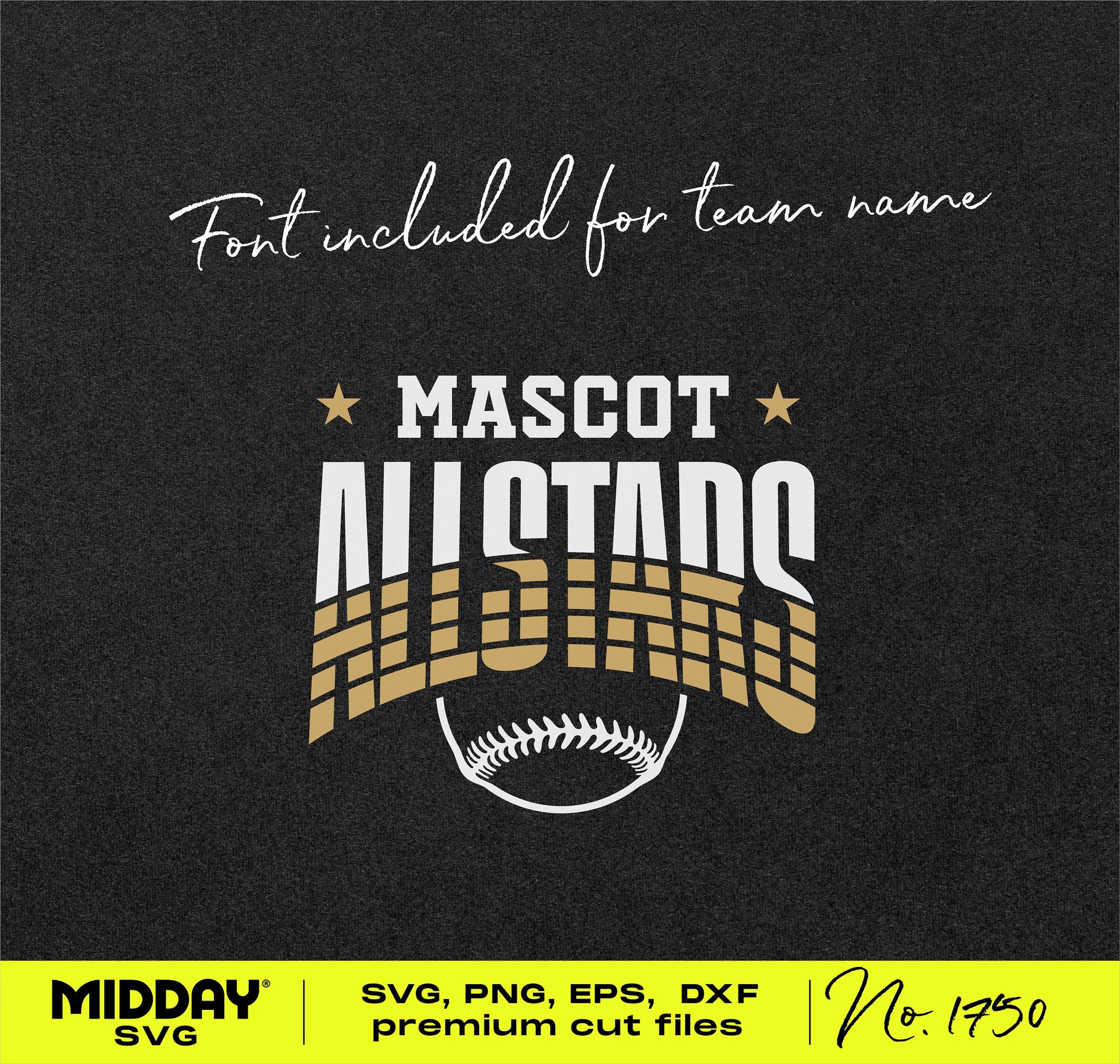 Bold All Star Baseball SVG design with striped lettering for team shirts. Includes font. Formats: SVG, PNG, EPS, DXF.