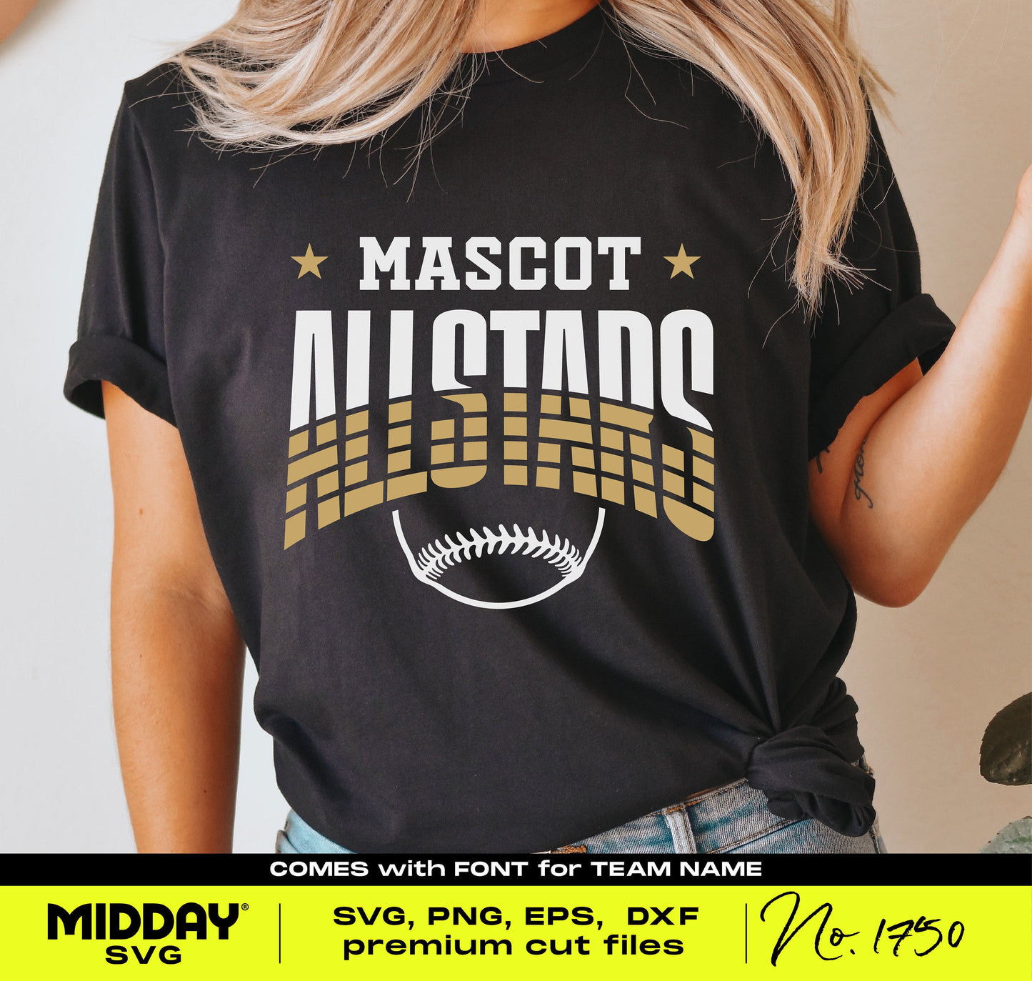 Woman wearing a 'Mascot Allstars' baseball t-shirt with sporty striped design, ideal for team shirts and Cricut projects.