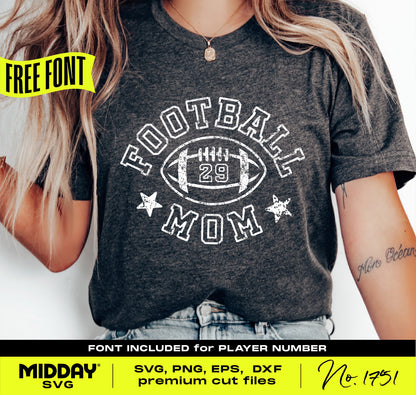 Retro Football Mom shirt design with free font for player number, ideal for DIY Team Mom shirts using SVG, PNG, EPS, DXF files.