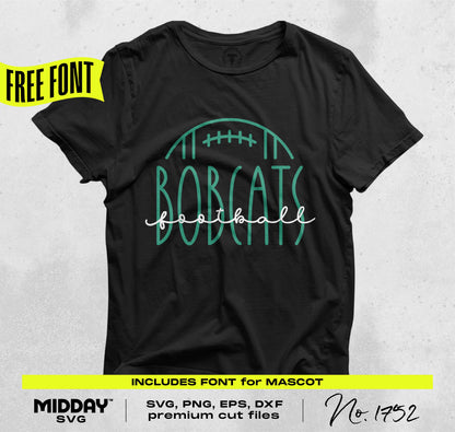 Black t-shirt with "Bobcats Football" logo design featuring unique Midday-made font, available in SVG, PNG, EPS, and DXF formats.