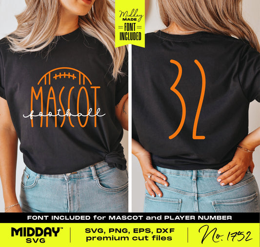 Woman wearing football team shirt featuring "Mascot" with football logo, showcasing SVG design with custom font included for Cricut crafts.