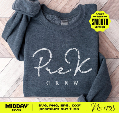 Dark gray sweatshirt with 'Pre-K Crew' design, ideal for Pre-K teachers. Includes premium SVG, PNG, EPS, and DXF cut files.