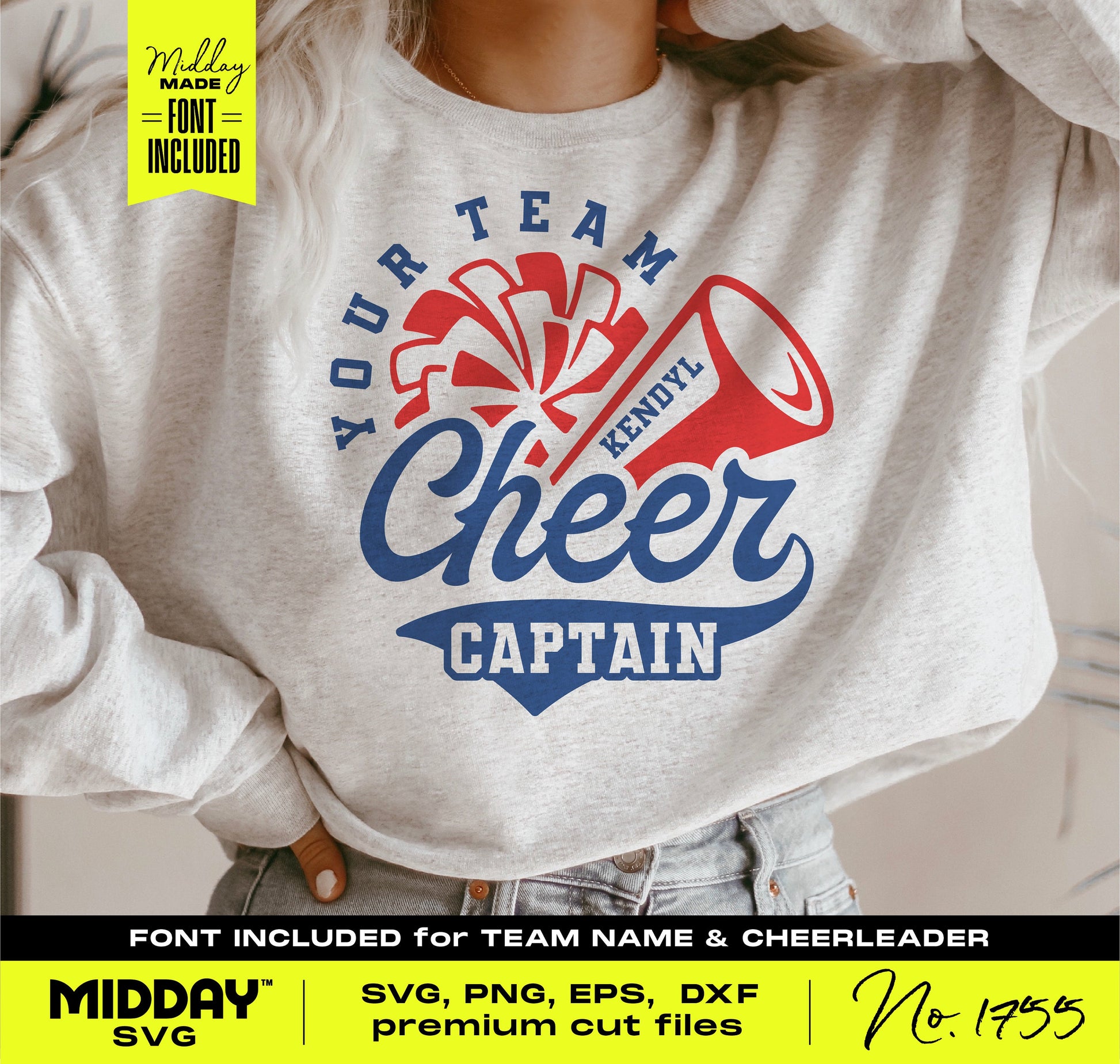 Cheer Team Captain design on sweatshirt with megaphone and pom pom graphic, featuring customizable font options for team name.