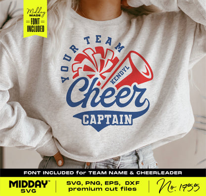 Cheer Team Captain design on sweatshirt with megaphone and pom pom graphic, featuring customizable font options for team name.