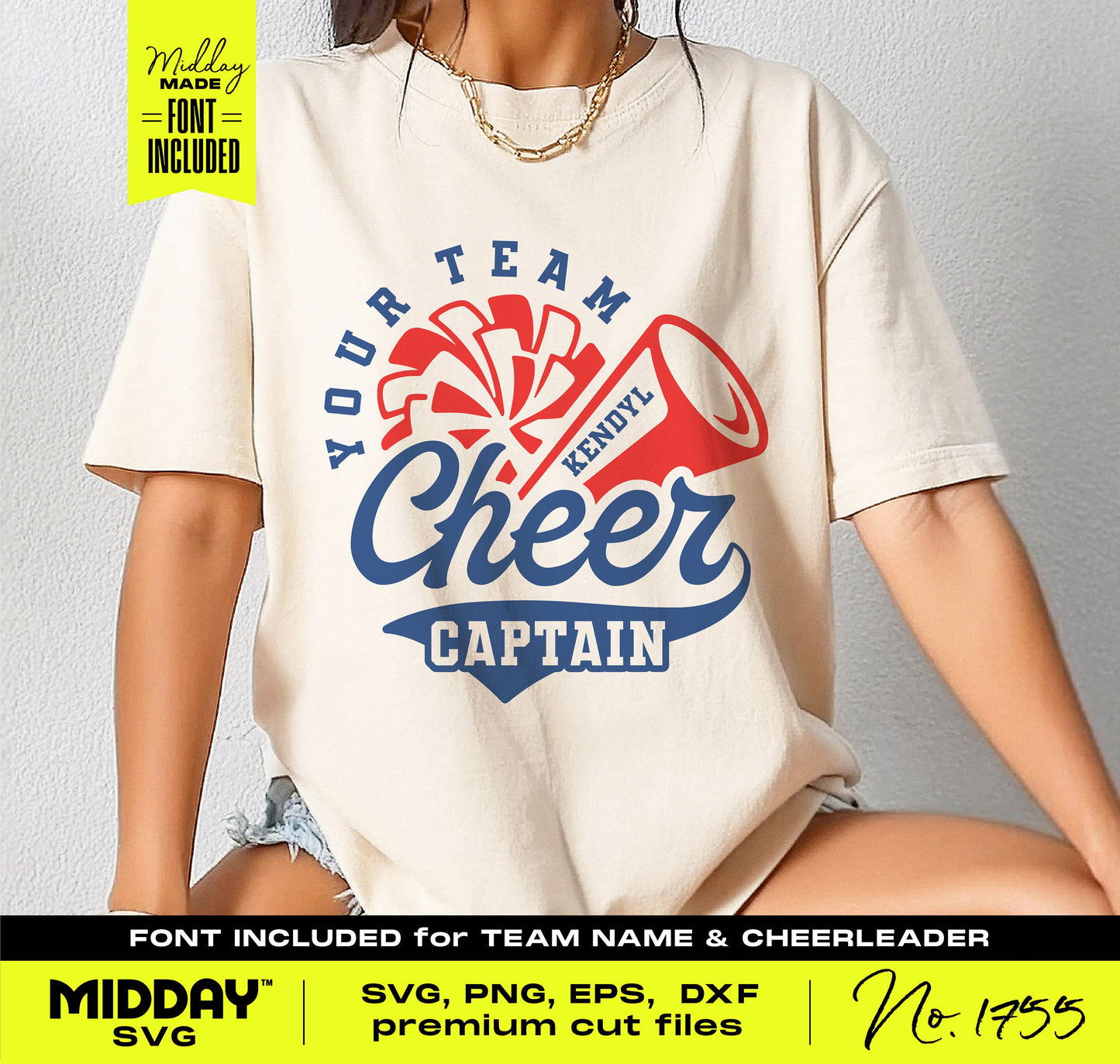Cheer Team Captain t-shirt with megaphone and pom pom design, fonts for customization, DIY SVG PNG template for cheerleaders.