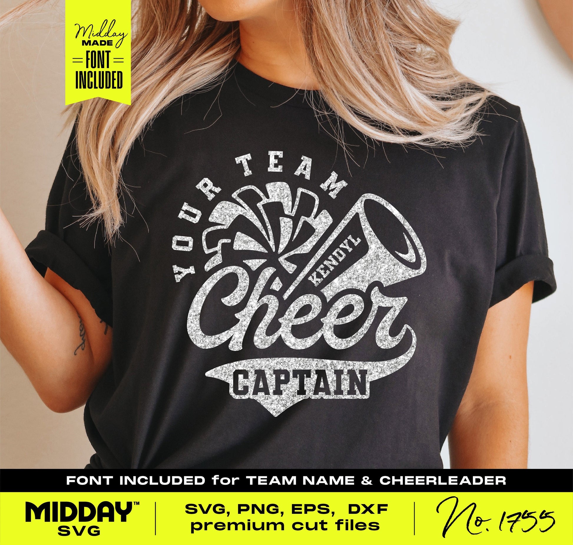 Woman wearing Cheer Team Captain t-shirt featuring megaphone and pom pom design, includes SVG, PNG files, and font for customization.