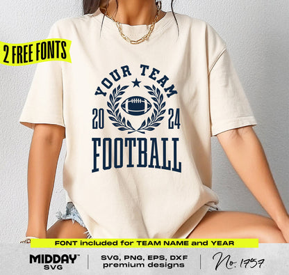 Model wearing Collegiate Football Team Shirt with customizable year and name, perfect for DIY projects with SVG and PNG files.