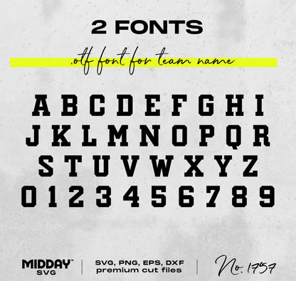 Collegiate font style for DIY football mom shirts with numbers, uppercase alphabet, and two fonts for team names. Digital format.