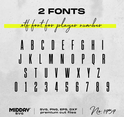 Collegiate style font sample for customizable football mom shirt design, includes alphabet and numbers for SVG cutting files.