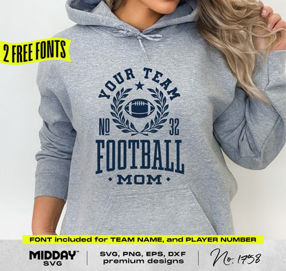 Woman wearing gray hoodie with Collegiate Football Mom design in navy blue, featuring customizable team name and player number. Two free fonts included.