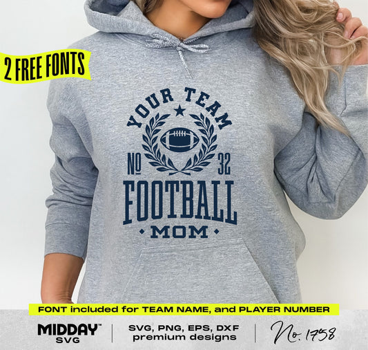 Woman wearing gray hoodie with Collegiate Football Mom design in navy blue, featuring customizable team name and player number. Two free fonts included.