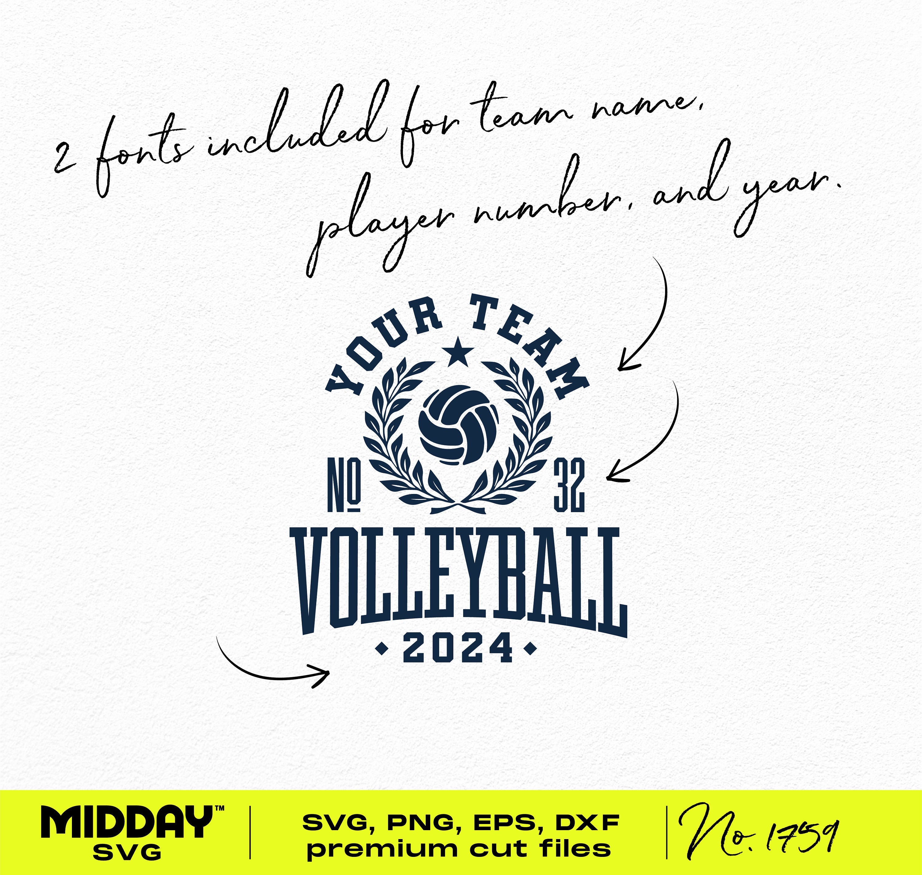 Collegiate Volleyball Svg Png, Varsity Volleyball Shirt Design, DIY Customizable Template, Two fonts for the Mascot, player, and Number