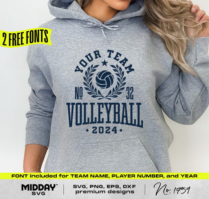 Collegiate volleyball hoodie design with customizable team name and player number using SVG template, includes two free fonts.