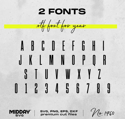 Preview of collegiate style font included in volleyball coach SVG PNG template with letters A-Z and numbers 0-9.