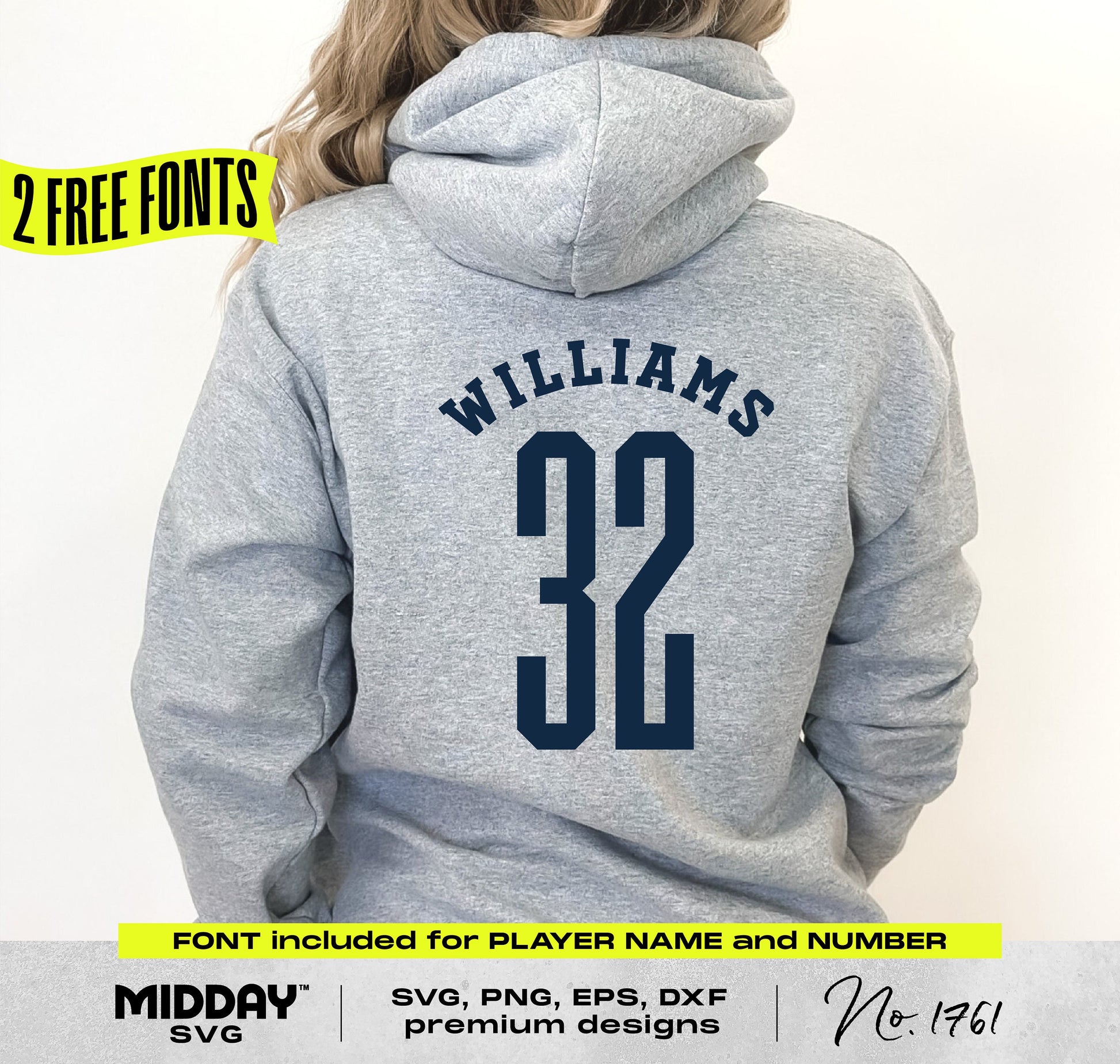 Back view of a gray hoodie with customizable varsity-style volleyball mom design and number. Includes SVG, PNG files and two free fonts.