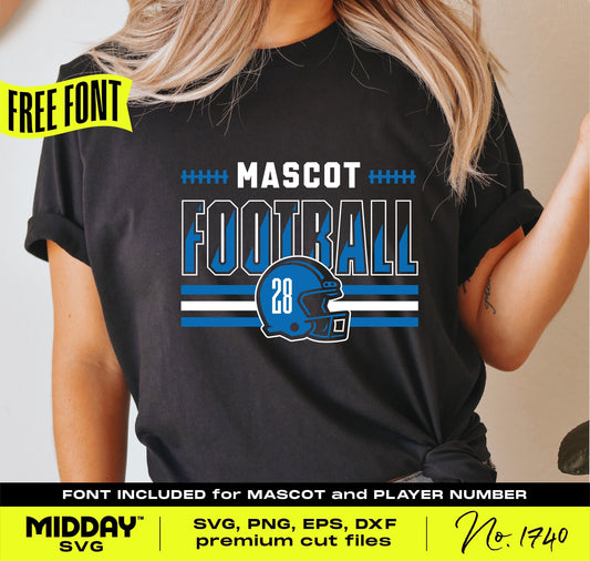 Customizable football team template SVG on shirt with free font for mascot and player number.